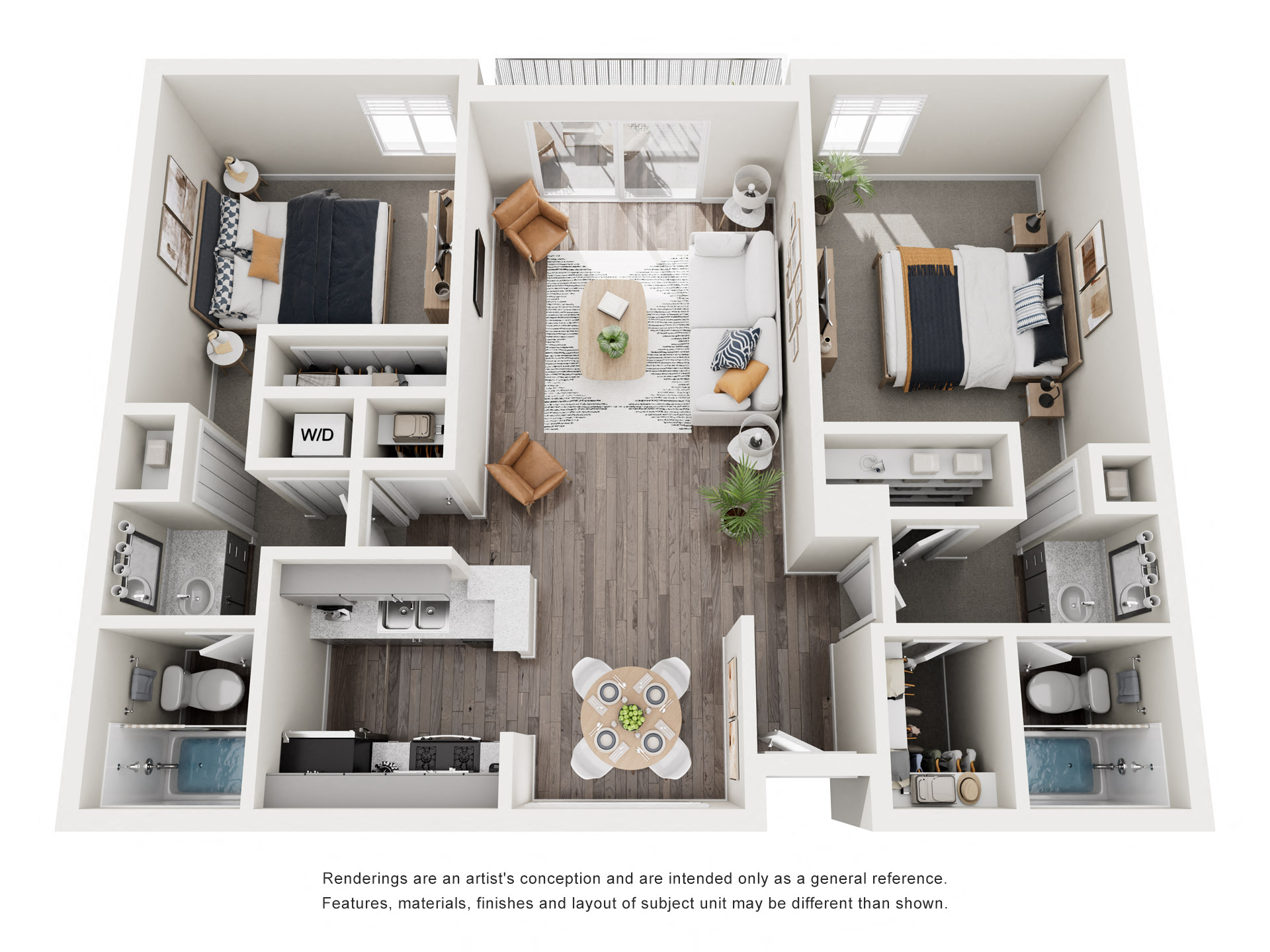 Floor plan for 2 beds, 2 baths, 1050 sqft